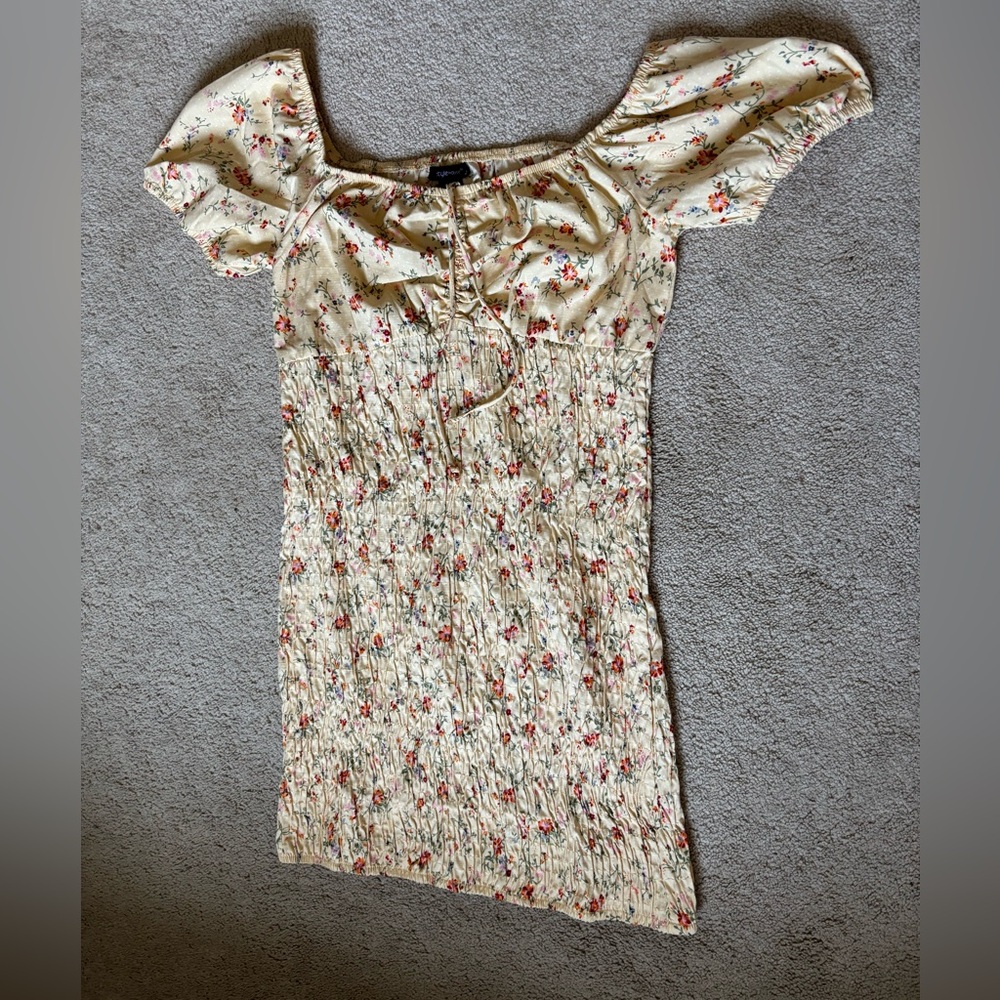 Style House Yellow Floral Smocked Mini Dress with Puff Sleeves